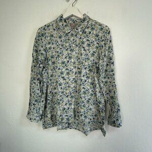 J. Jill Womens Petite Medium Floral Button-Up Shirt Blue & Green Long Sleeve Top